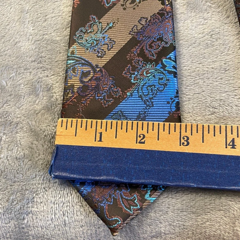NWT St. Lynn Mens Silk Tie Brown Blue Bronze Paisley Striped Hand Made Jacquard